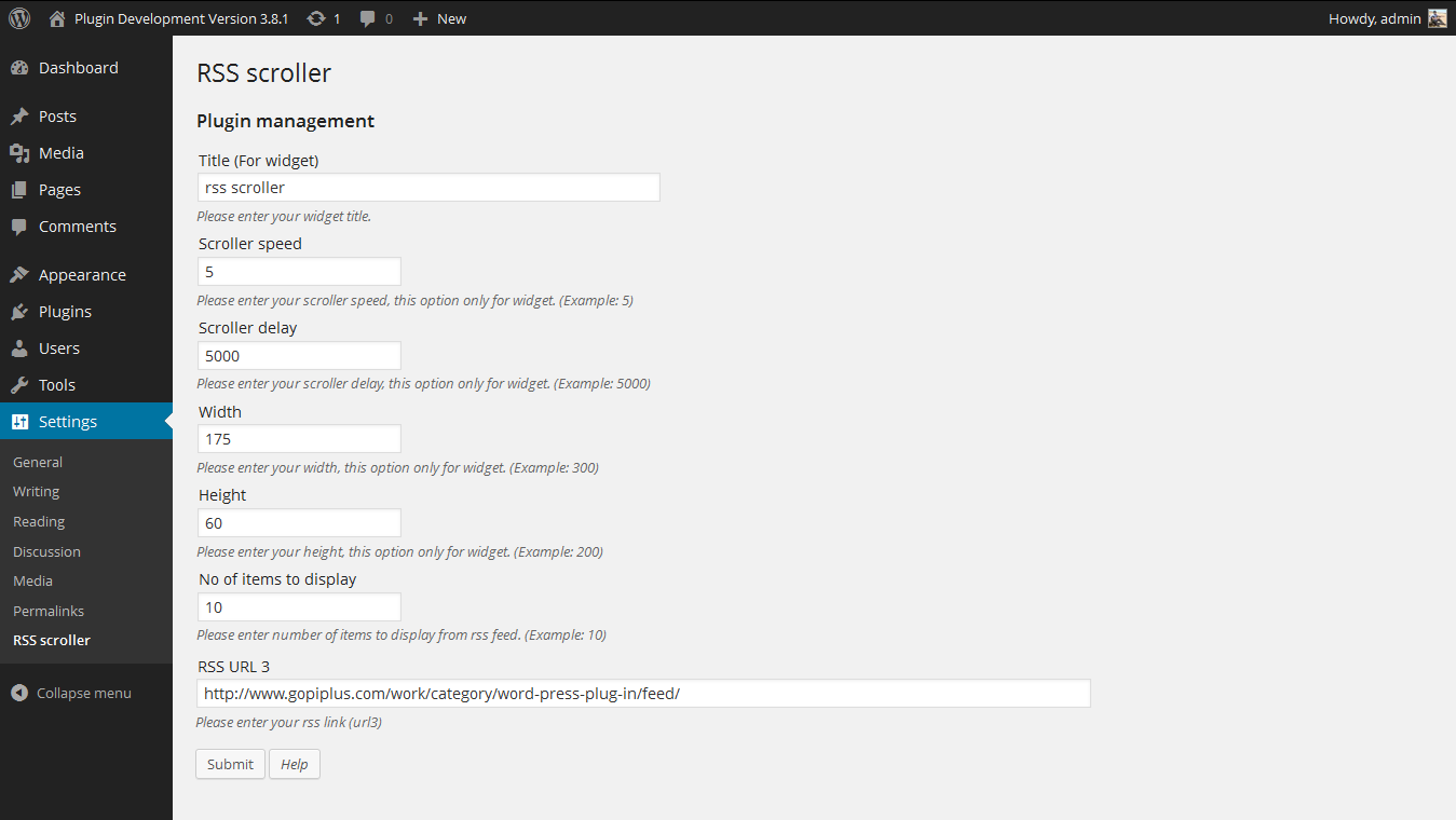 Admin Screen. http://www.gopiplus.com/work/2010/07/18/rss-scroller/