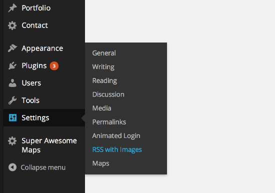 To access the RSS with Images Settings Page, click Settings > RSS with Images.