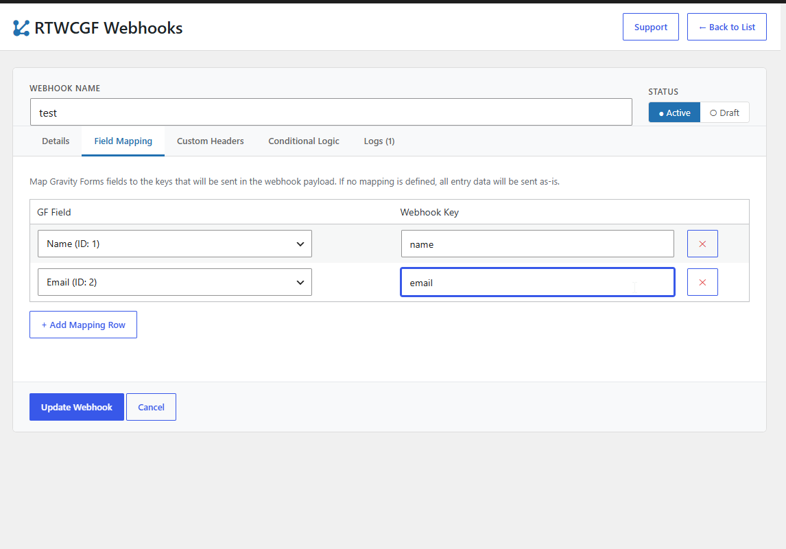 Webhook editor with Details, Field Mapping, Custom Headers, and Conditional Logic tabs.