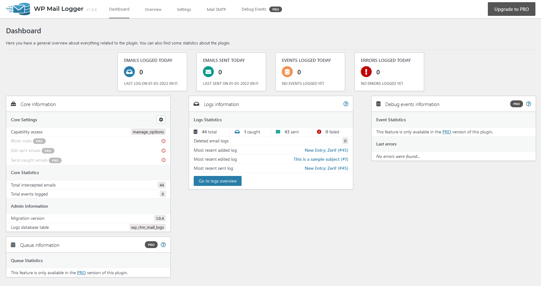 Screenshot of the Dashboard page
