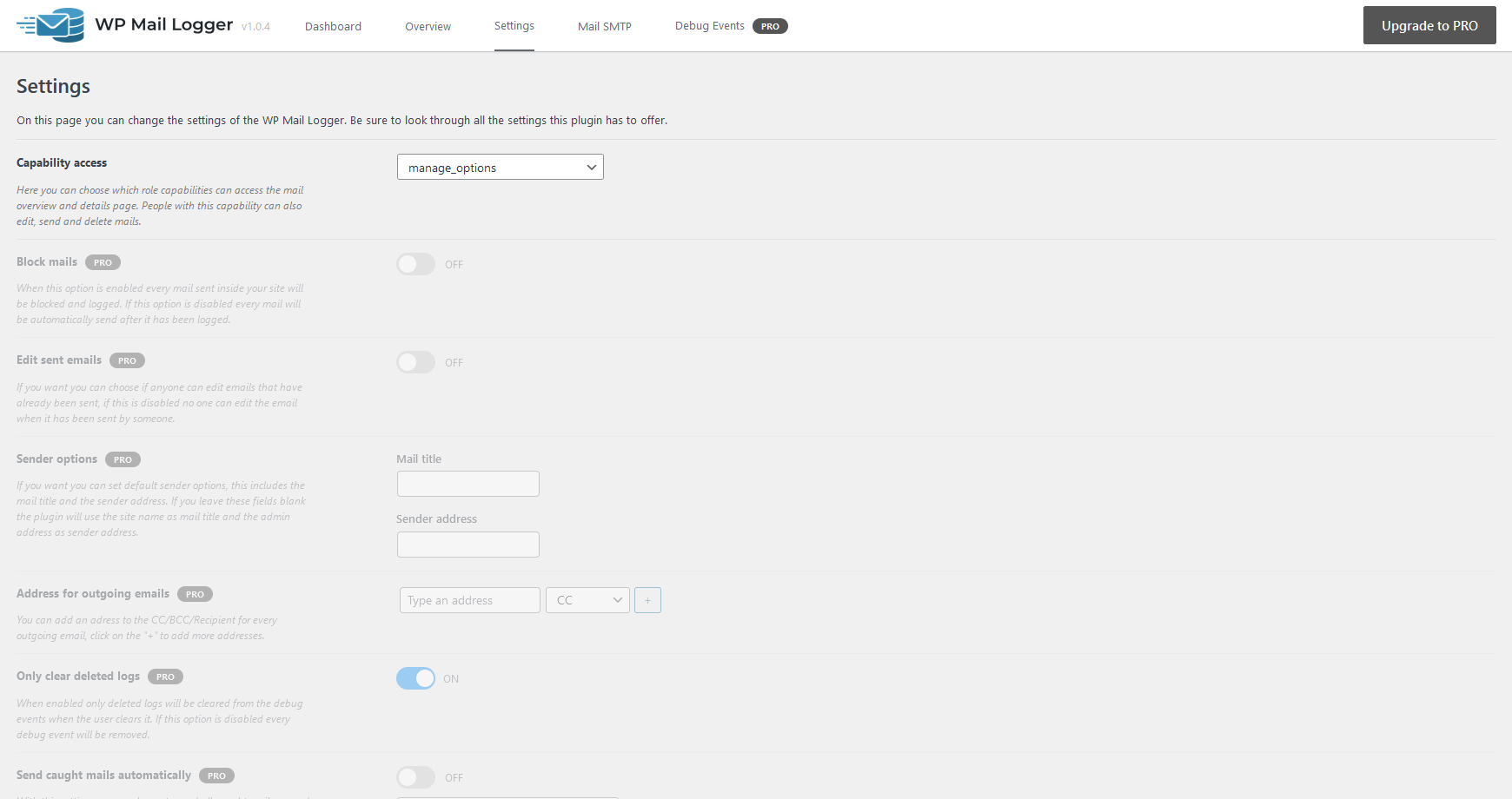 Screenshot of the Settings page