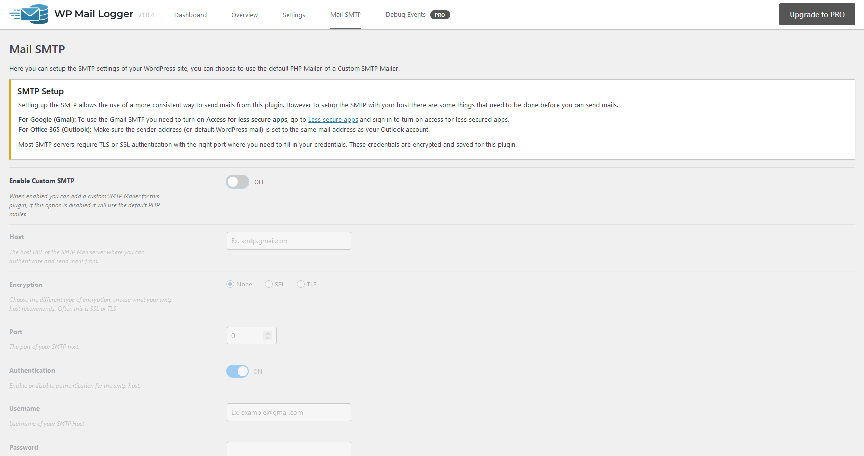 Screenshot of the SMTP settings page