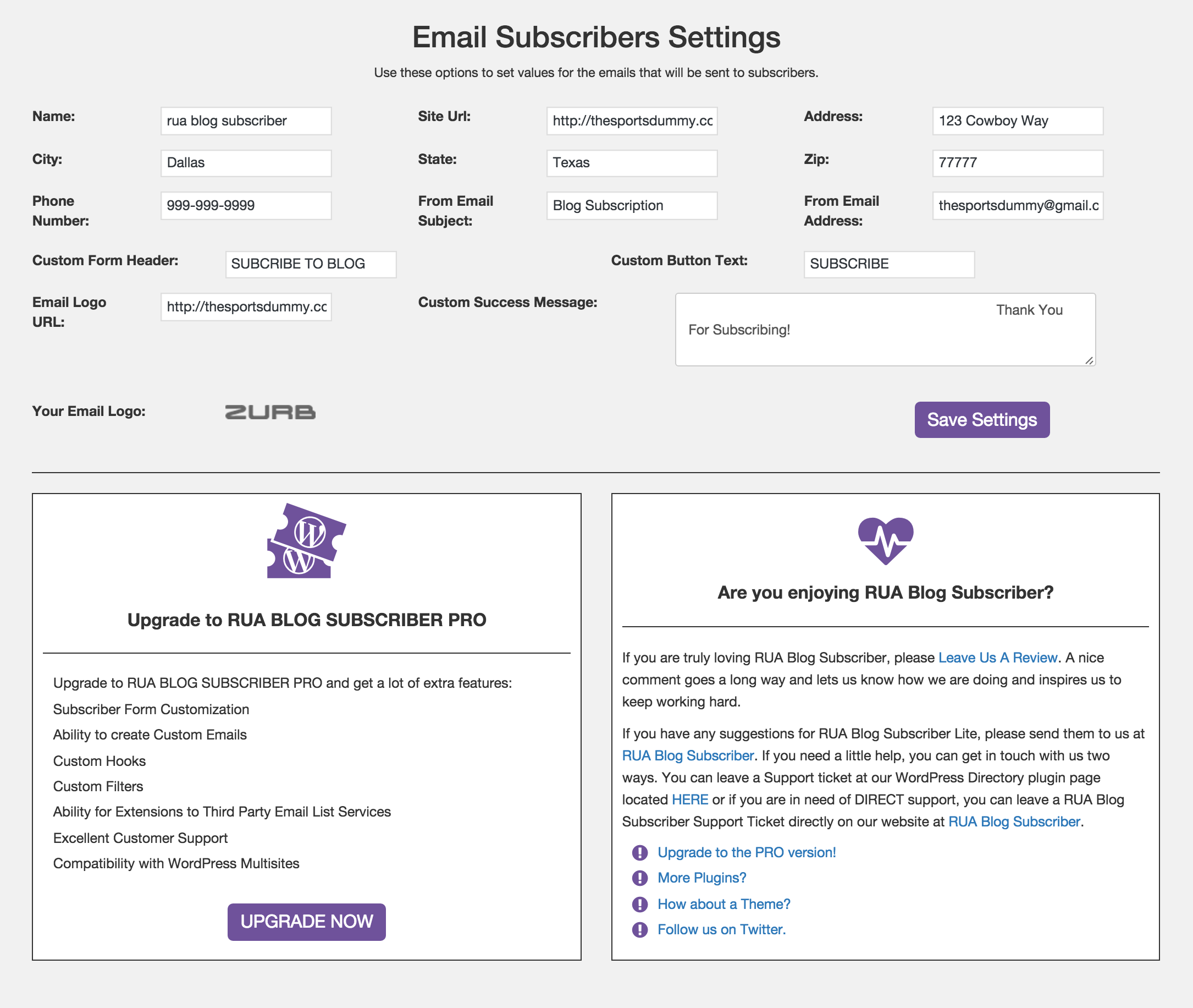 settings page