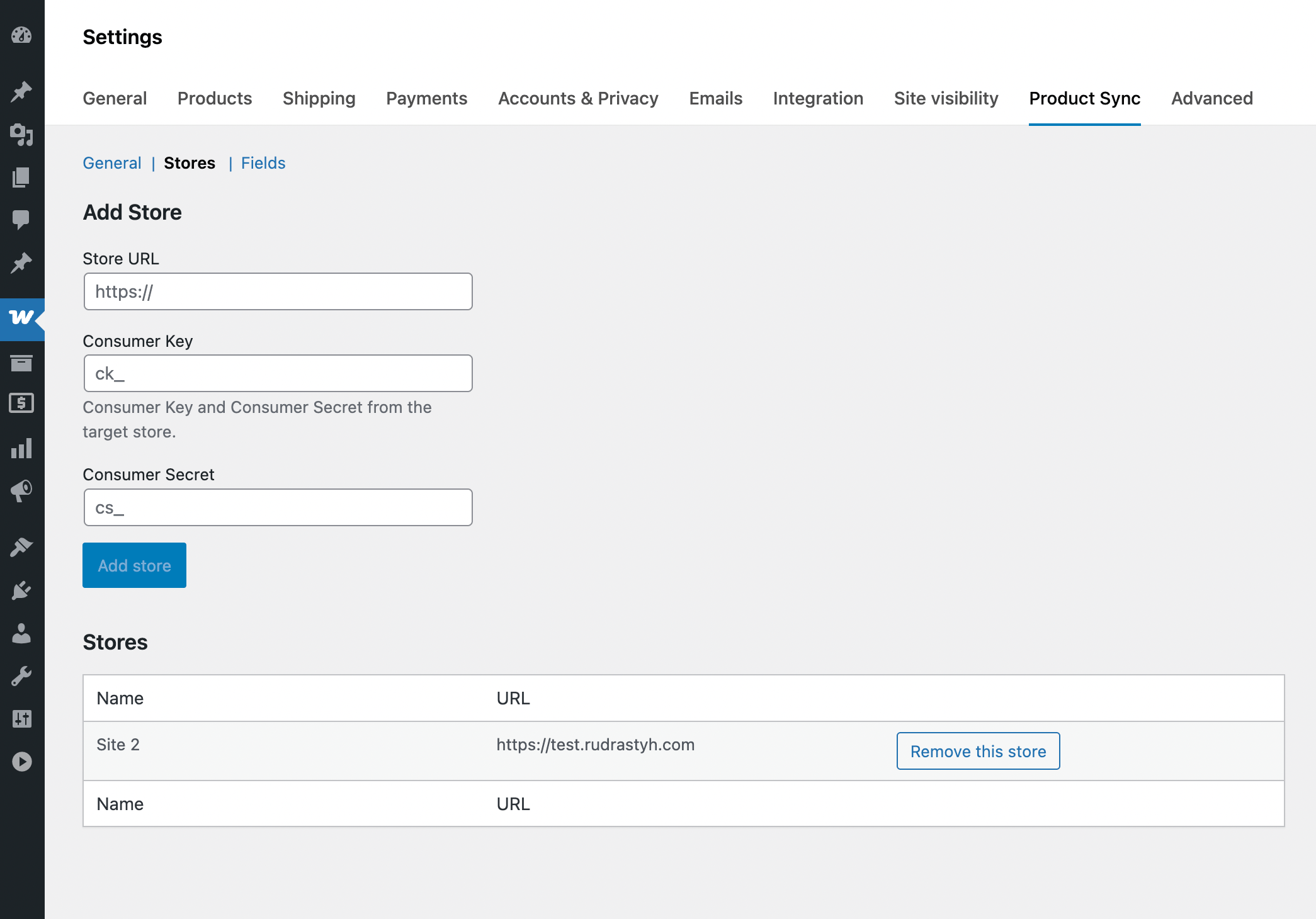 Stores can be connected on this page, you need to provide Consumer Key and Secret.