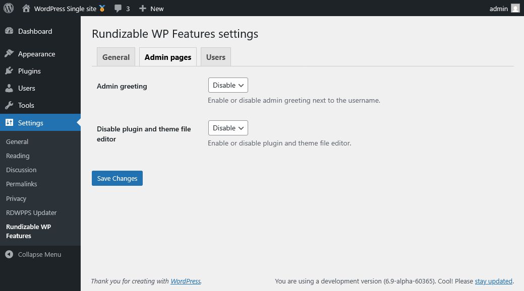 Settings page, admin pages tab.