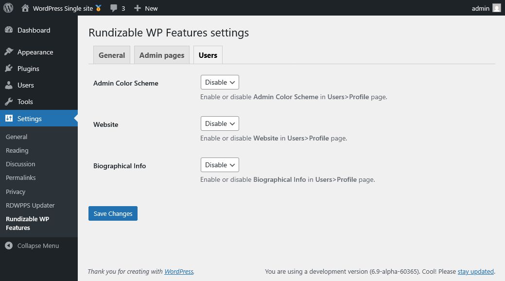 Settings page, users tab.