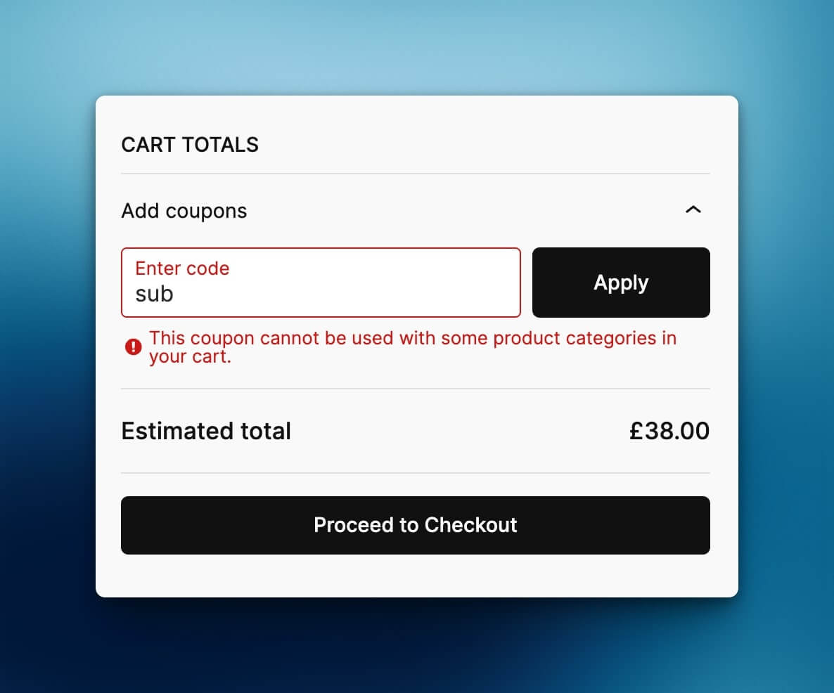 A product from an excluded category shows no discount applied.