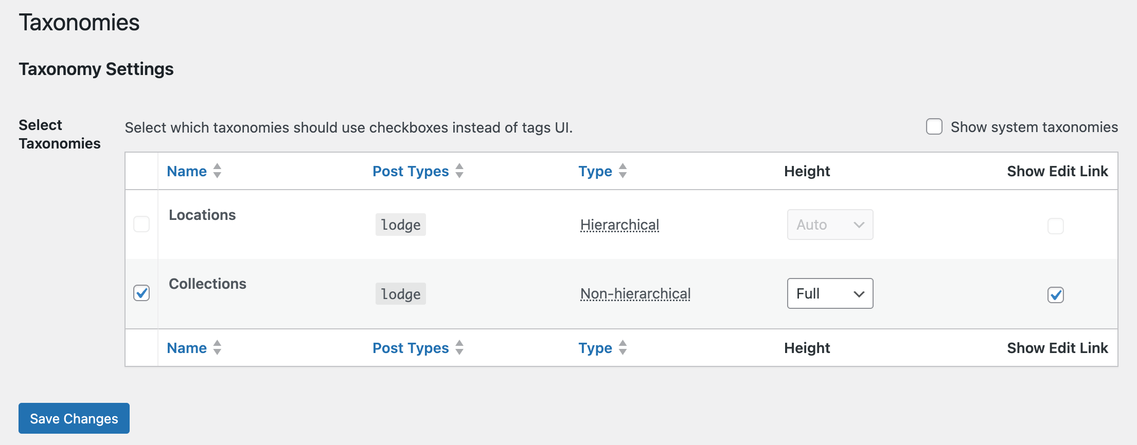 Taxonomy settings screen