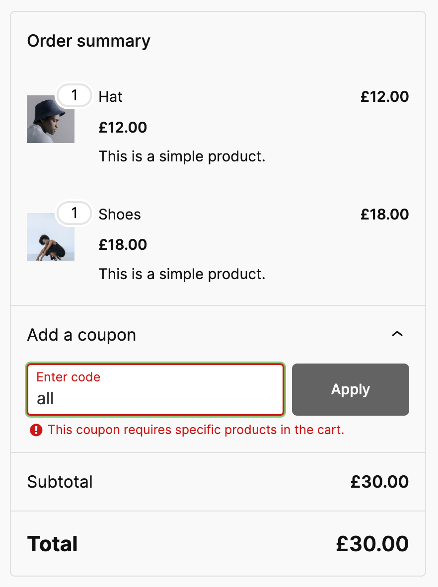 Example denied coupon usage due to missing required products.