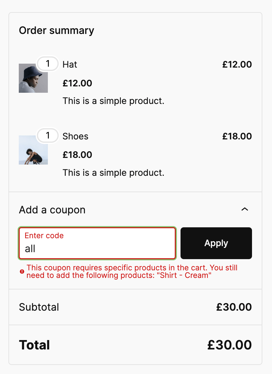 Example denied coupon usage due to missing required products, with custom message.