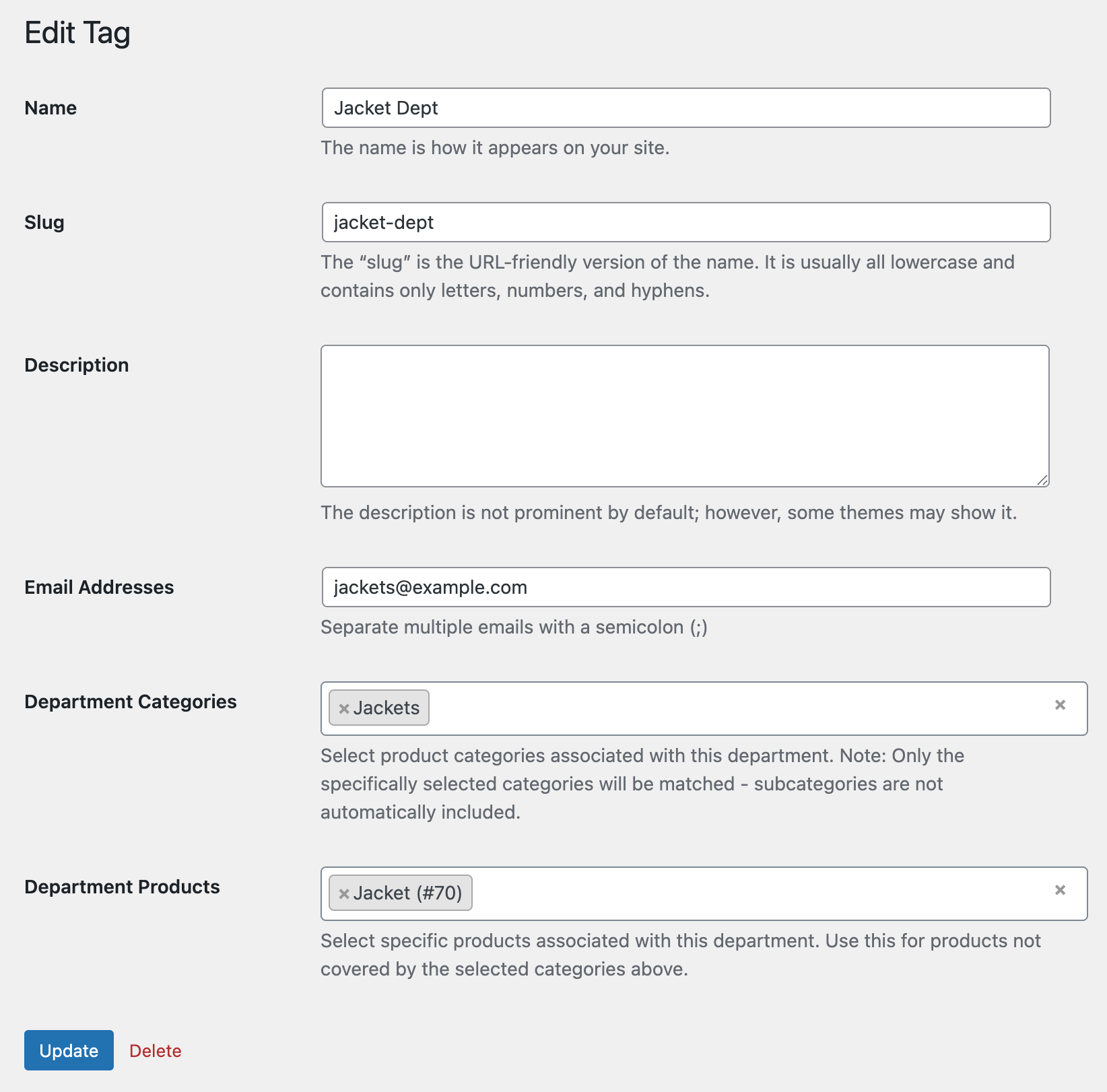 Edit department screen - Configure department email addresses, product categories, and specific product assignments.