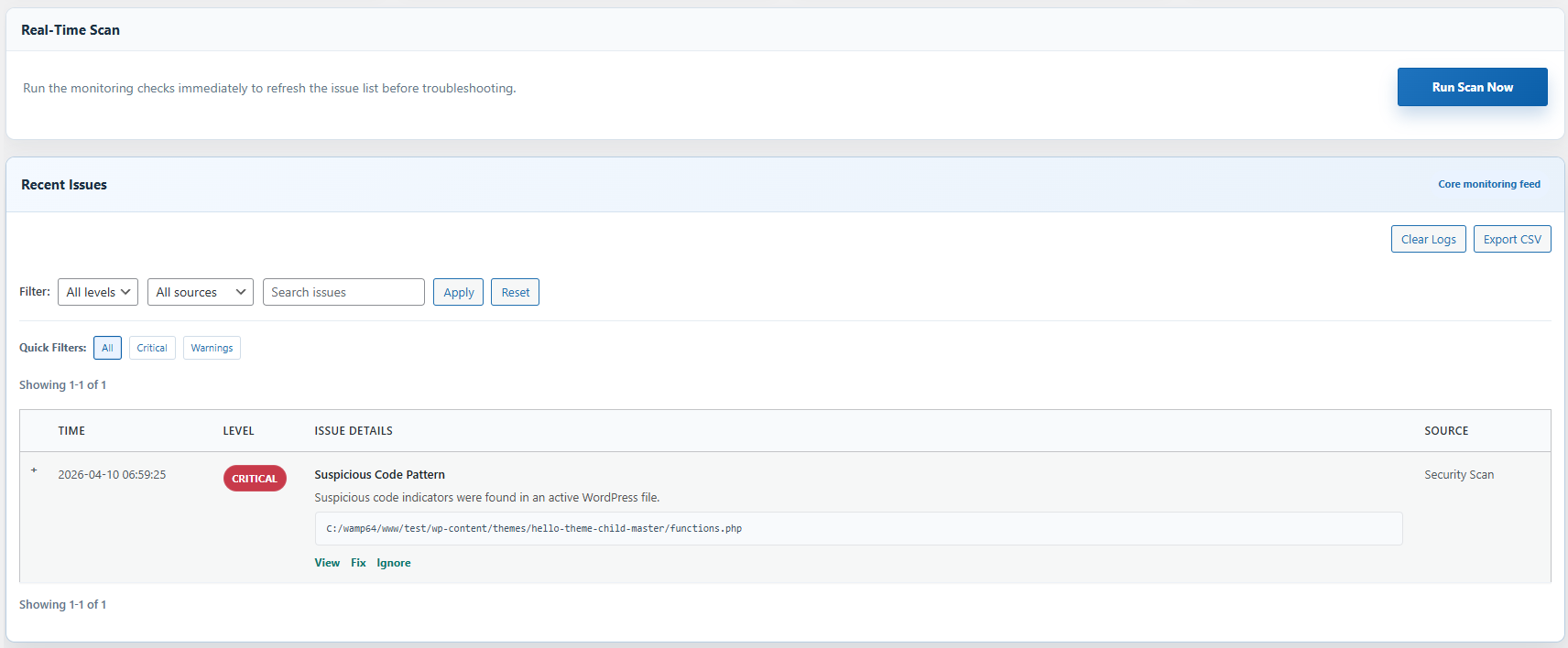 Analyze detailed logs with severity levels and filters