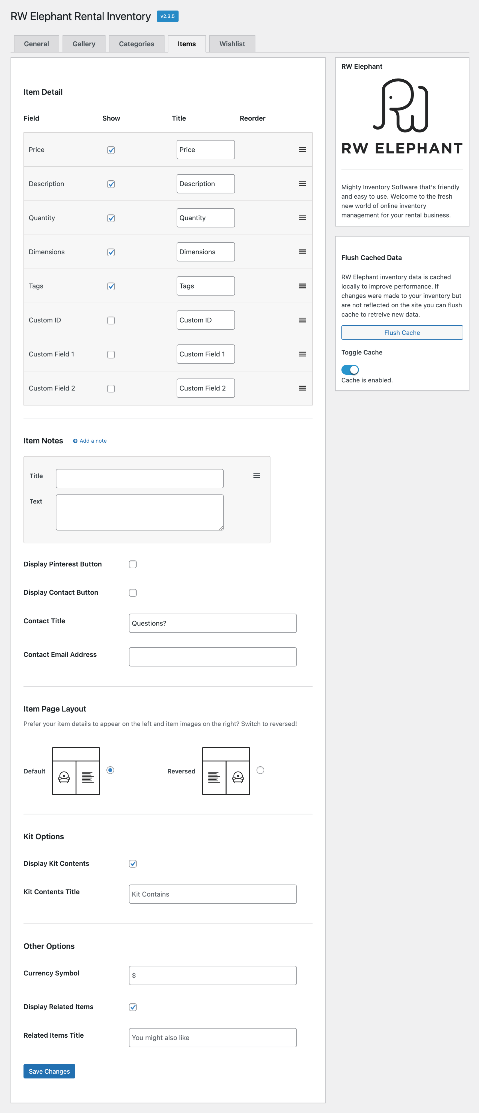 Settings - Items
