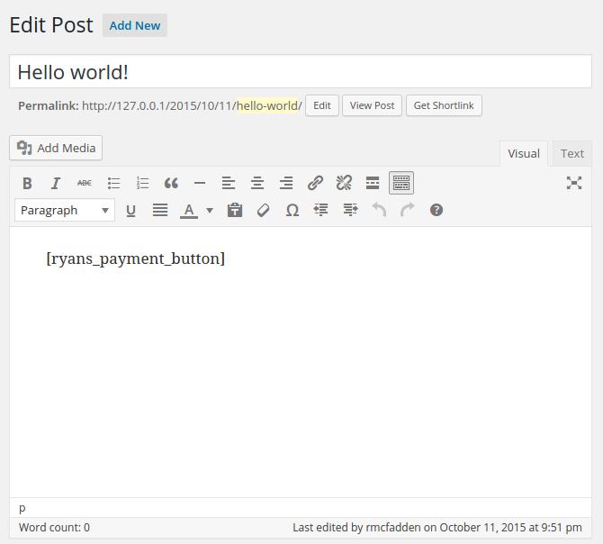 Ryan's payment button administrative settings page.