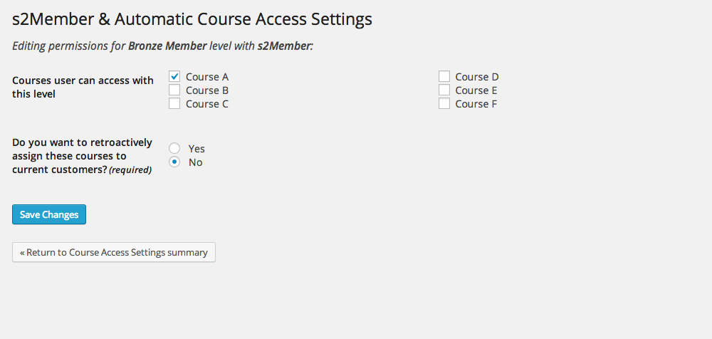 This is the screen where specific courses are selected to be associated with the membership level. The retroactive function will enroll students to courses that were recently associated to the membership level.