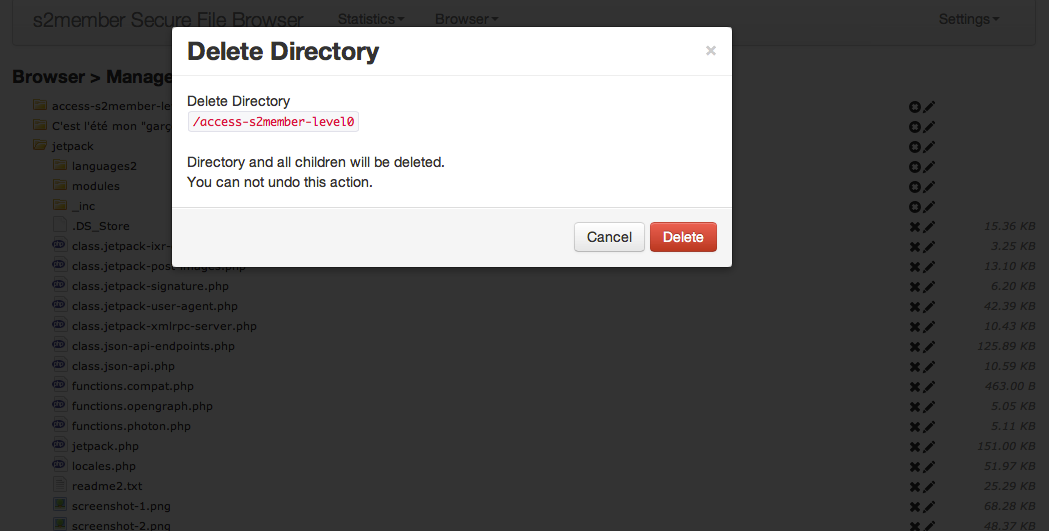 Admin > File browser in action when renaming a directory
