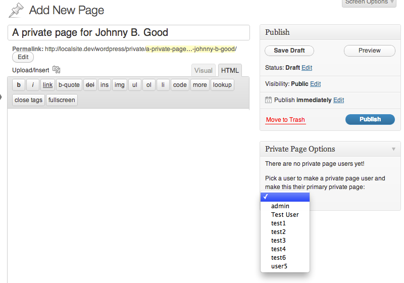 Creating a "Private Page" and assigning it to a user