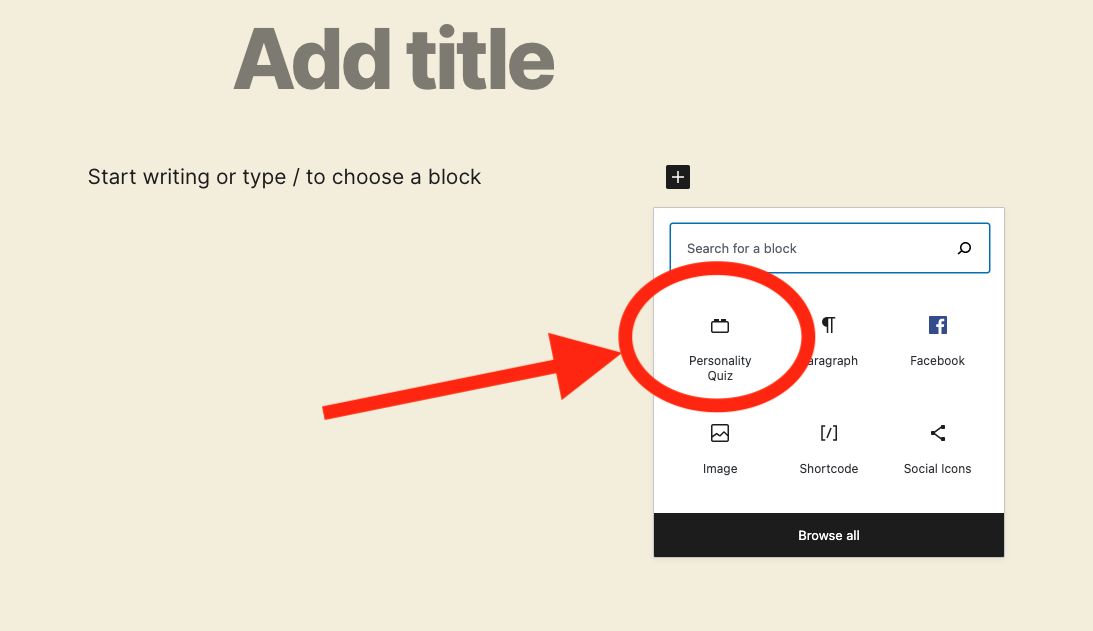 Click the "Personality Quiz" block type in the block menu