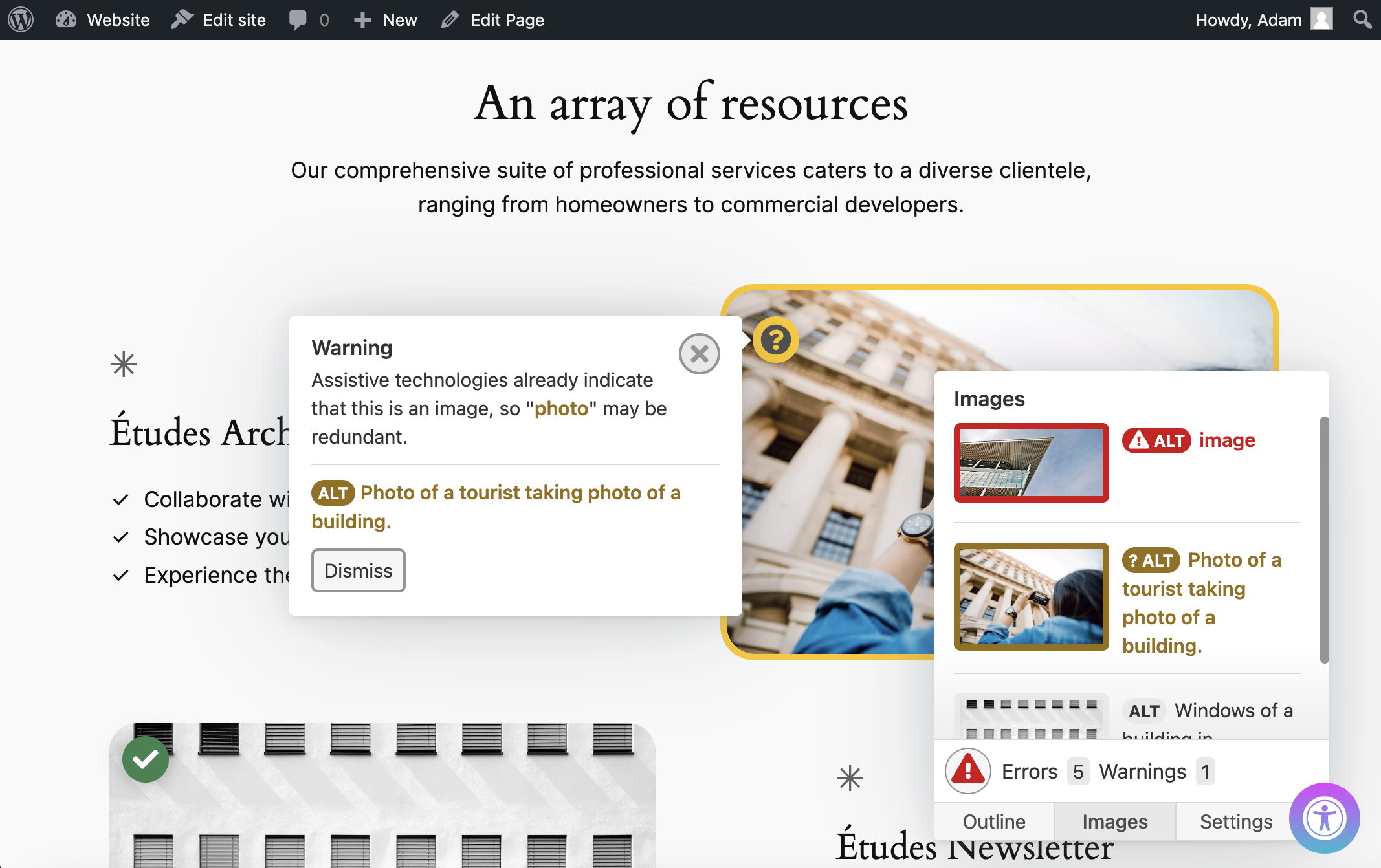 The Images tab makes it easy to review all images and their corresponding alt text within a page for accuracy and quality. Warnings can also be temporarily dismissed.