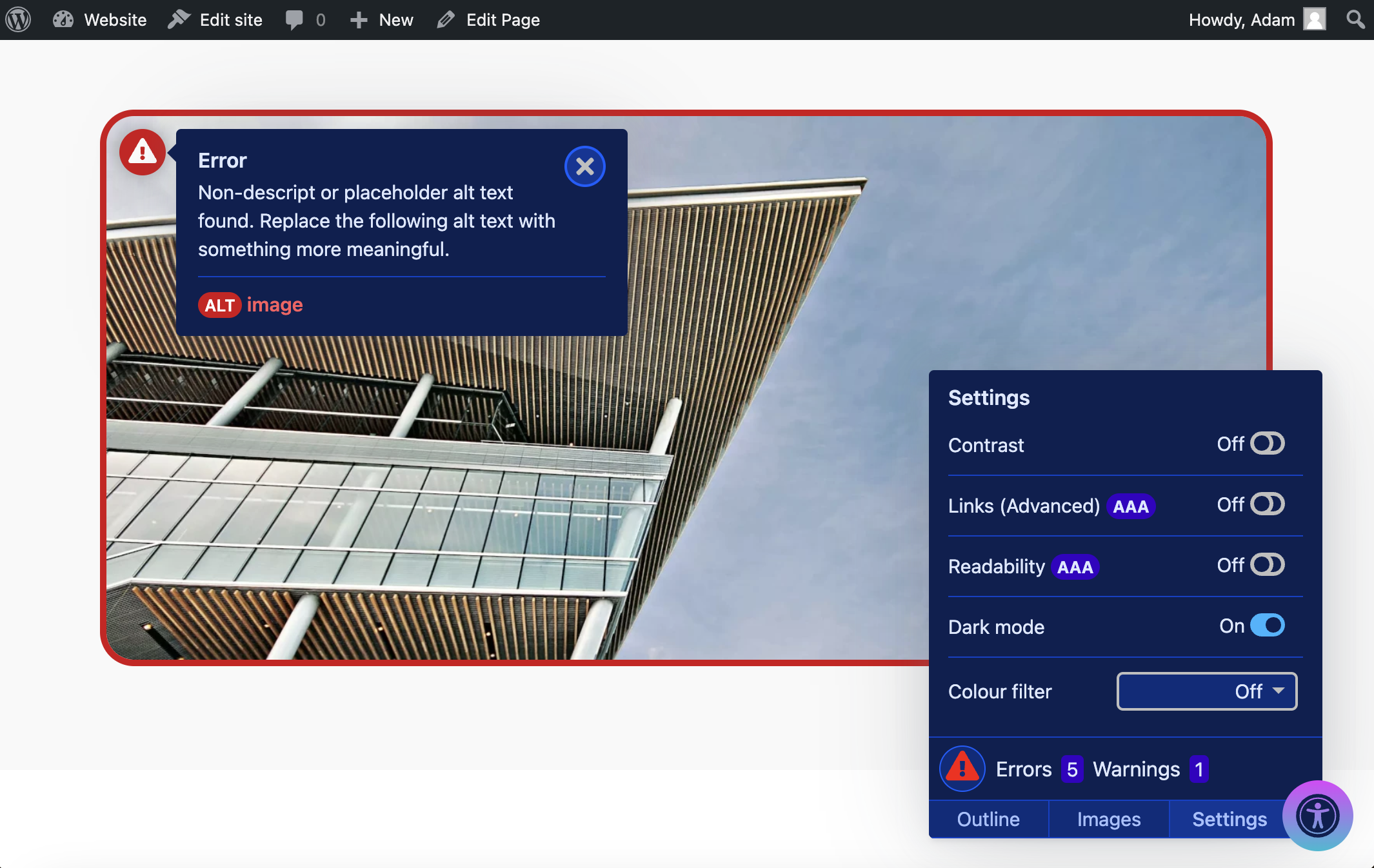 The Settings tab has additional toggleable checks, including a dark mode option.