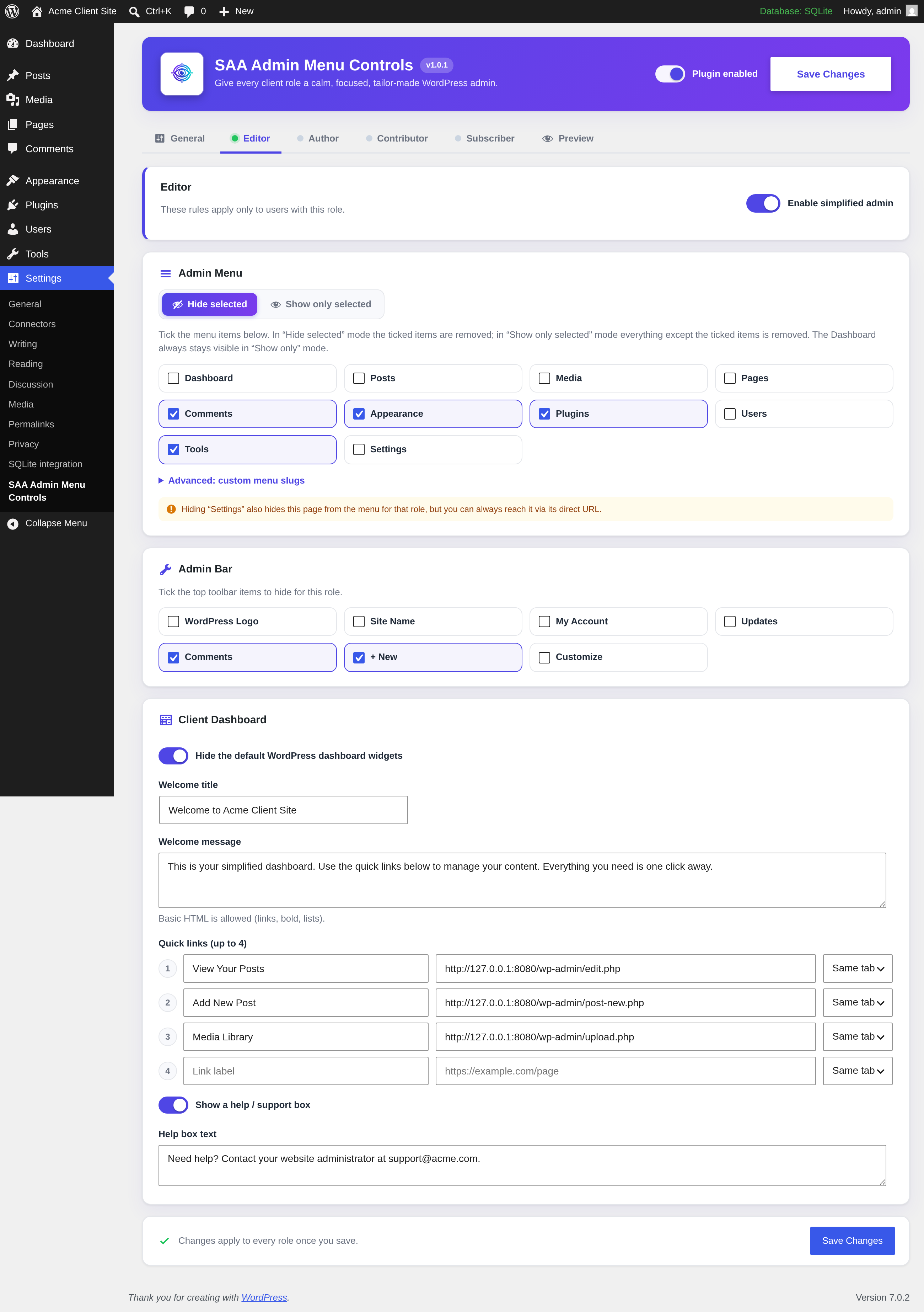 The Client Dashboard configuration with welcome message and quick links.