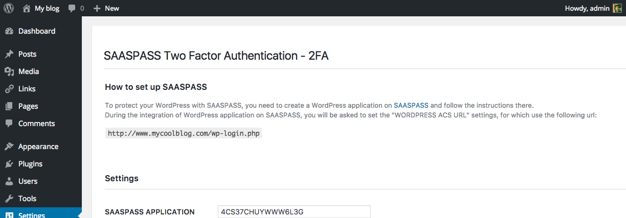 During the integration of WordPress application on SAASPASS, you will be asked to set the "WORDPRESS ACS URL" settings. Copy the URL shown above.