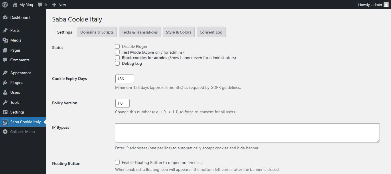 Admin dashboard: General Settings and Google Consent Mode integration.