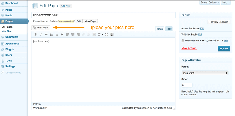 View the images already uploaded to the current page or post by selecting **Uploaded to this page** option from the pulldown menu. **Don't insert the images into the textfield.**