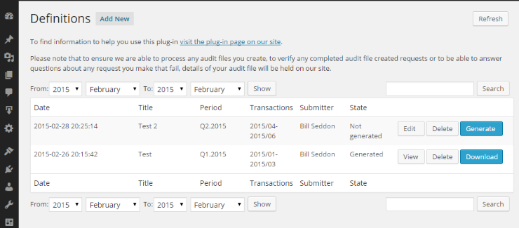 The main screen shows a list of the existing definitions.