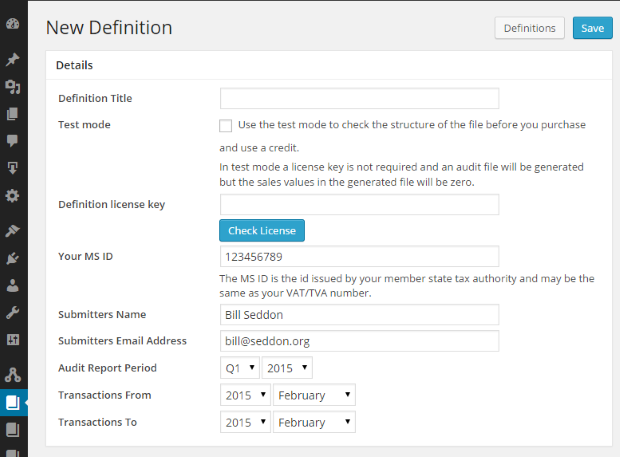 New definitions are created by specifying the correct header information, most of which is taken from the settings, and also select the sales transactions that should be includedin the submission