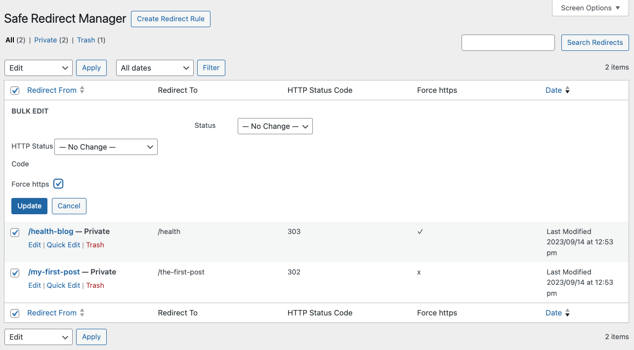 Bulk Edit view of multiple Redirect rules