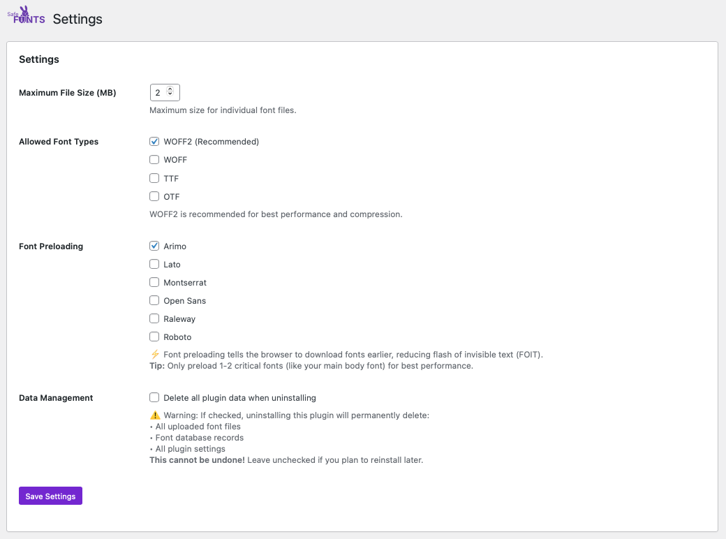 Settings page for file size and type configuration