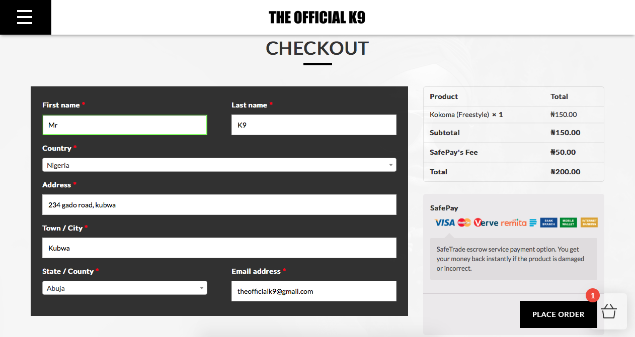 The checkout page with SafePay activated