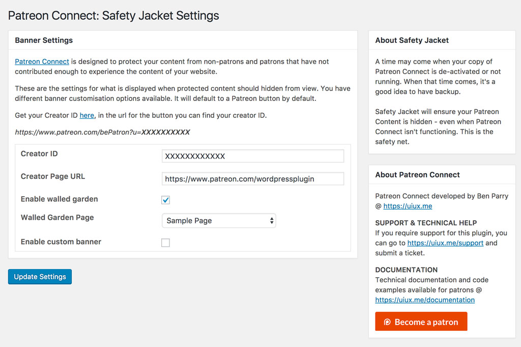 Patreon Connect: Safety Jacket options page