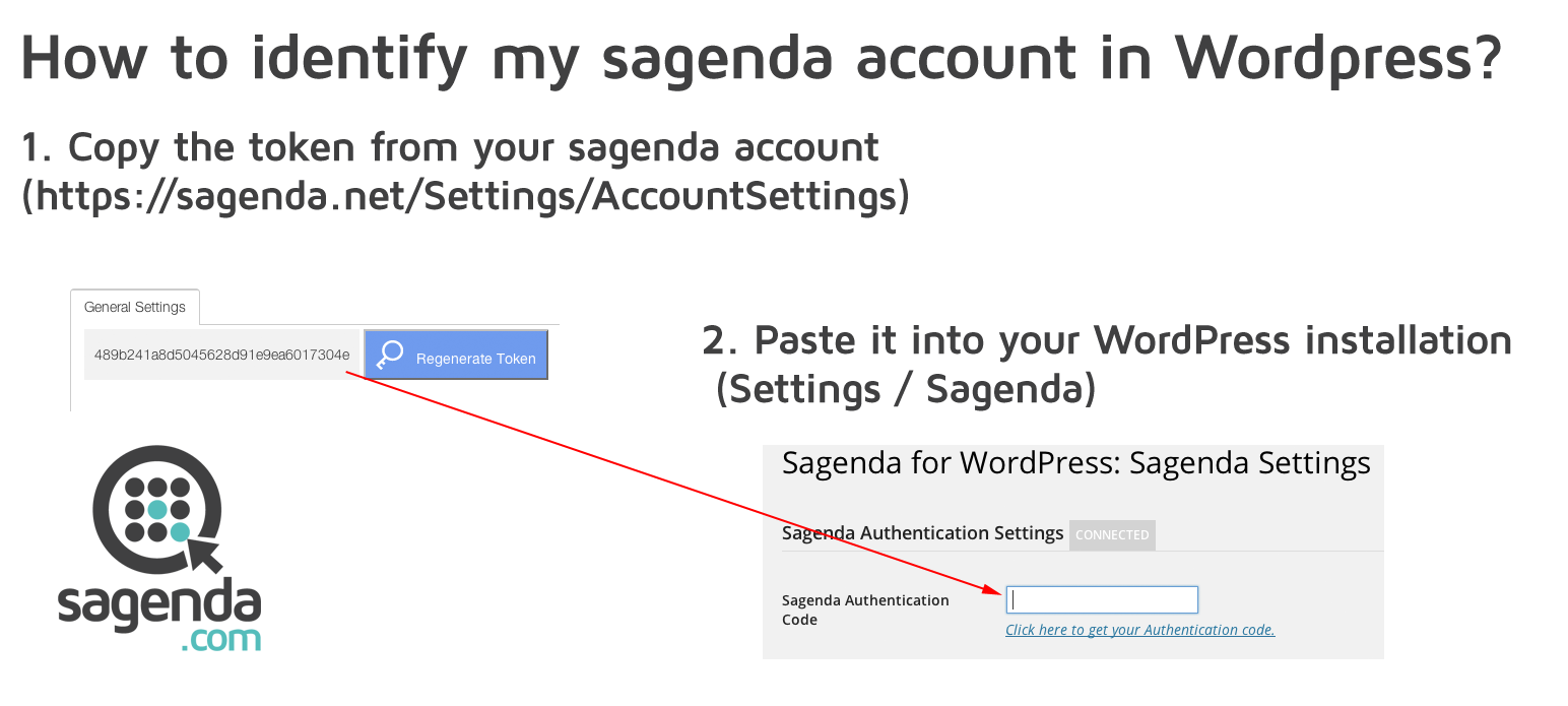 How to identify my Sagenda account in WordPress? Copy the authentication code (token) from your Sagenda account and paste it into your WordPress installation