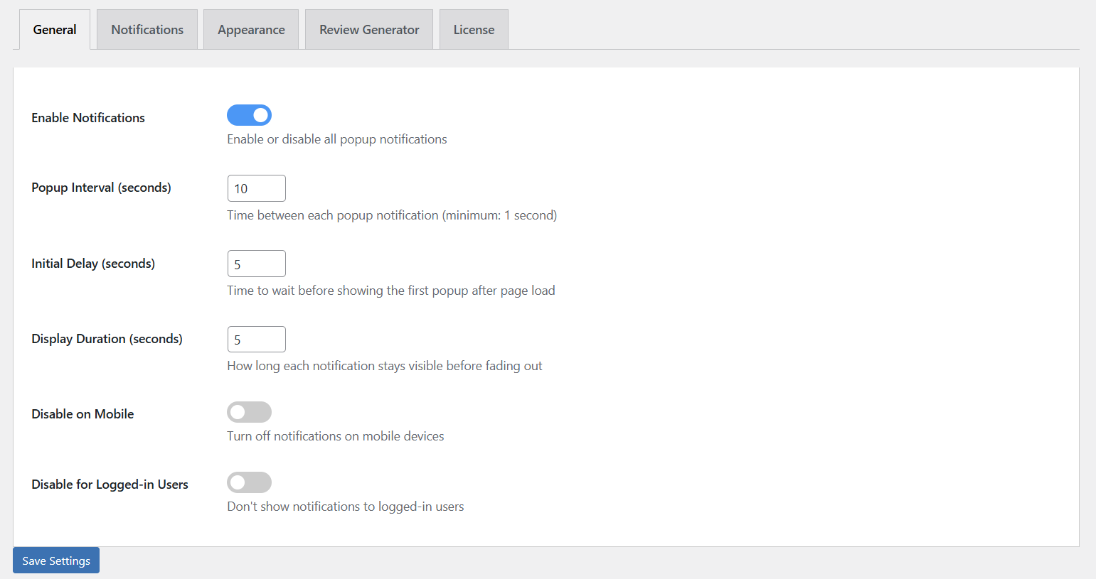 Plugin settings panel - General tab