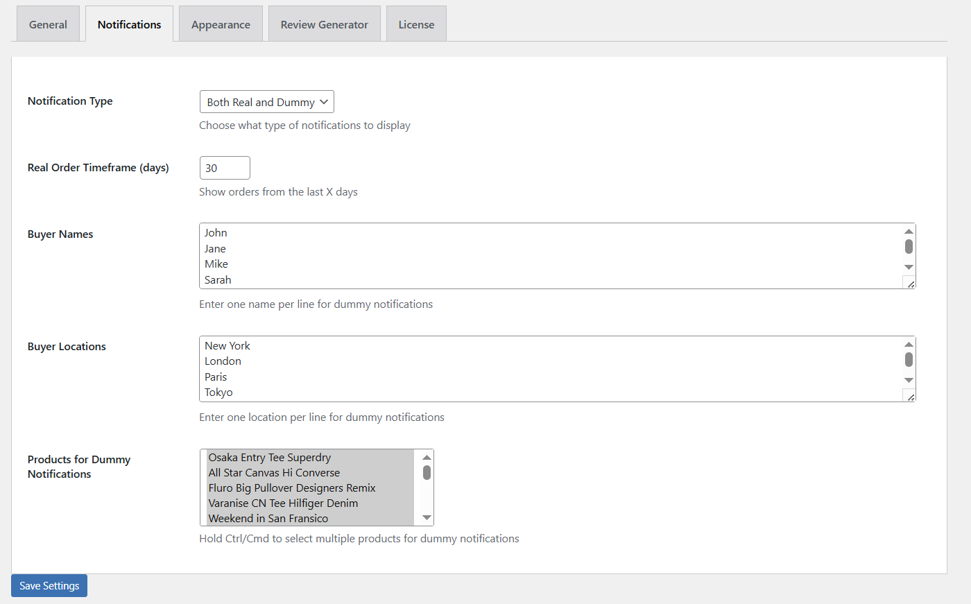 Plugin settings panel - Notifications tab
