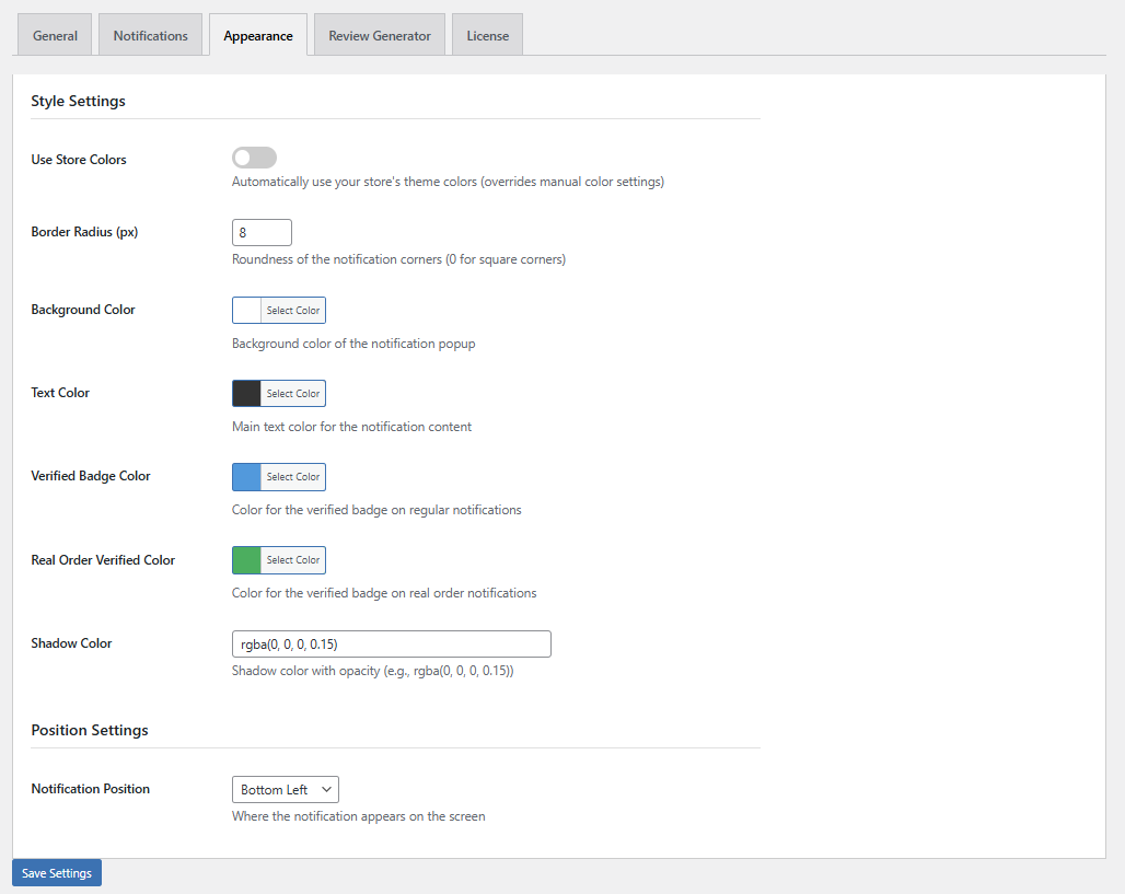 Plugin settings panel - Appearance tab