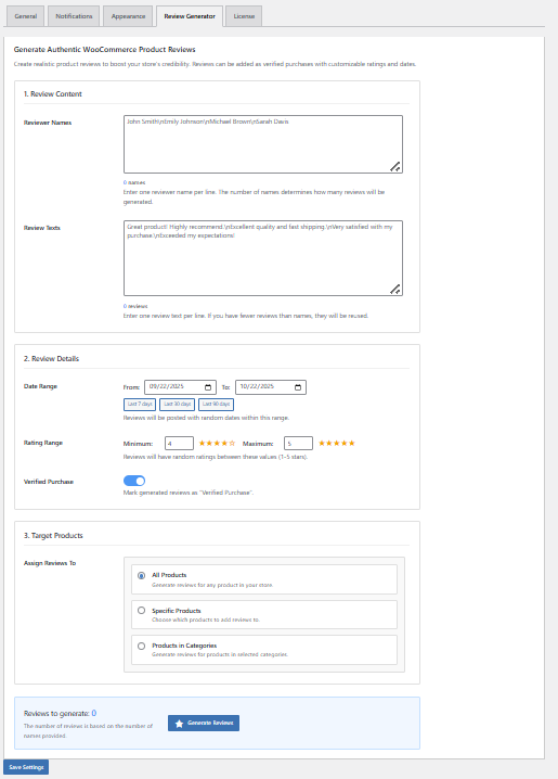 Plugin settings panel - Review Generator tab