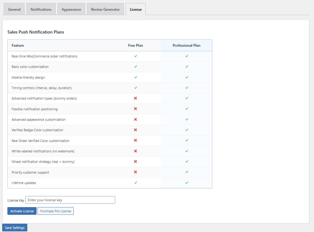 Plugin settings panel - License tab