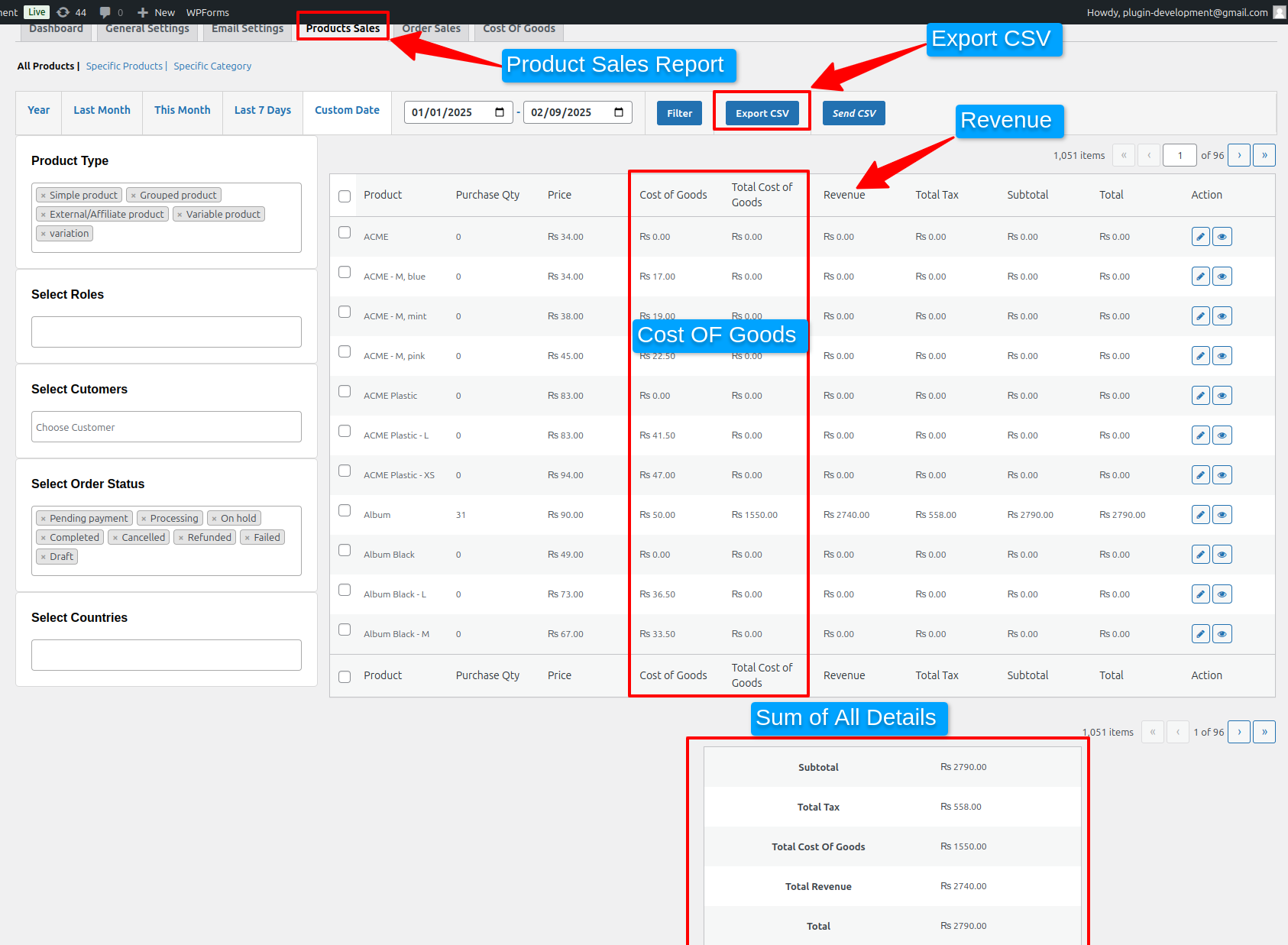 Variation level Cost of Goods and Revenue and product details or orders