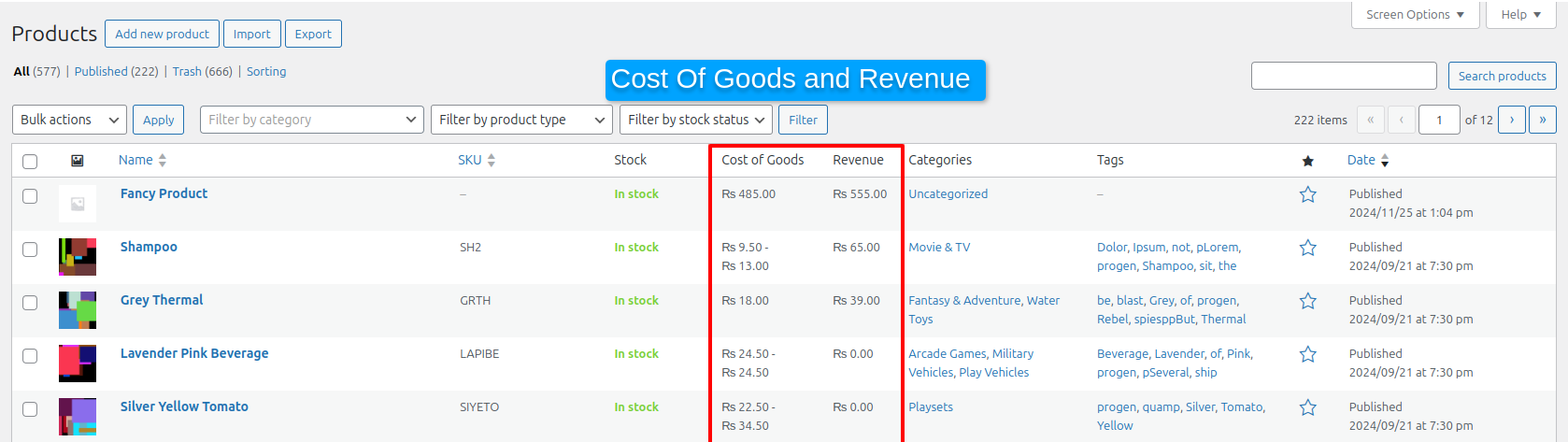 Cost of Goods and Revenue in user columns