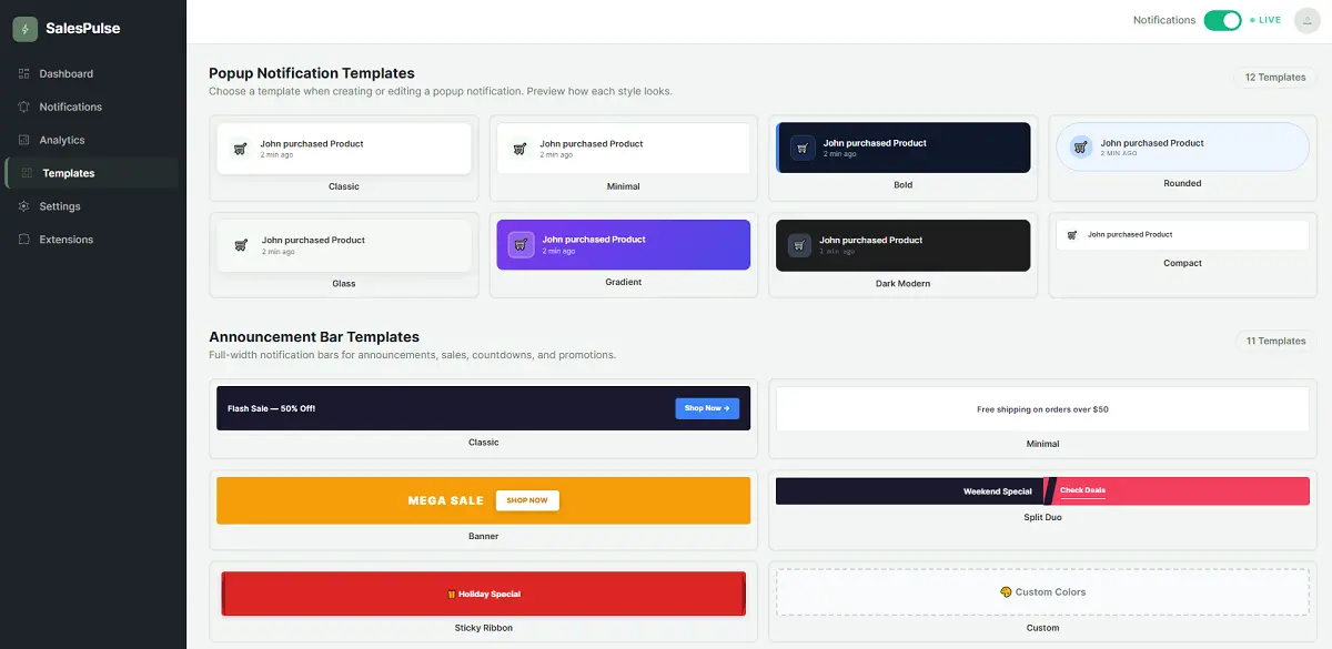 Notification management — create, edit, and organize all your social proof notifications