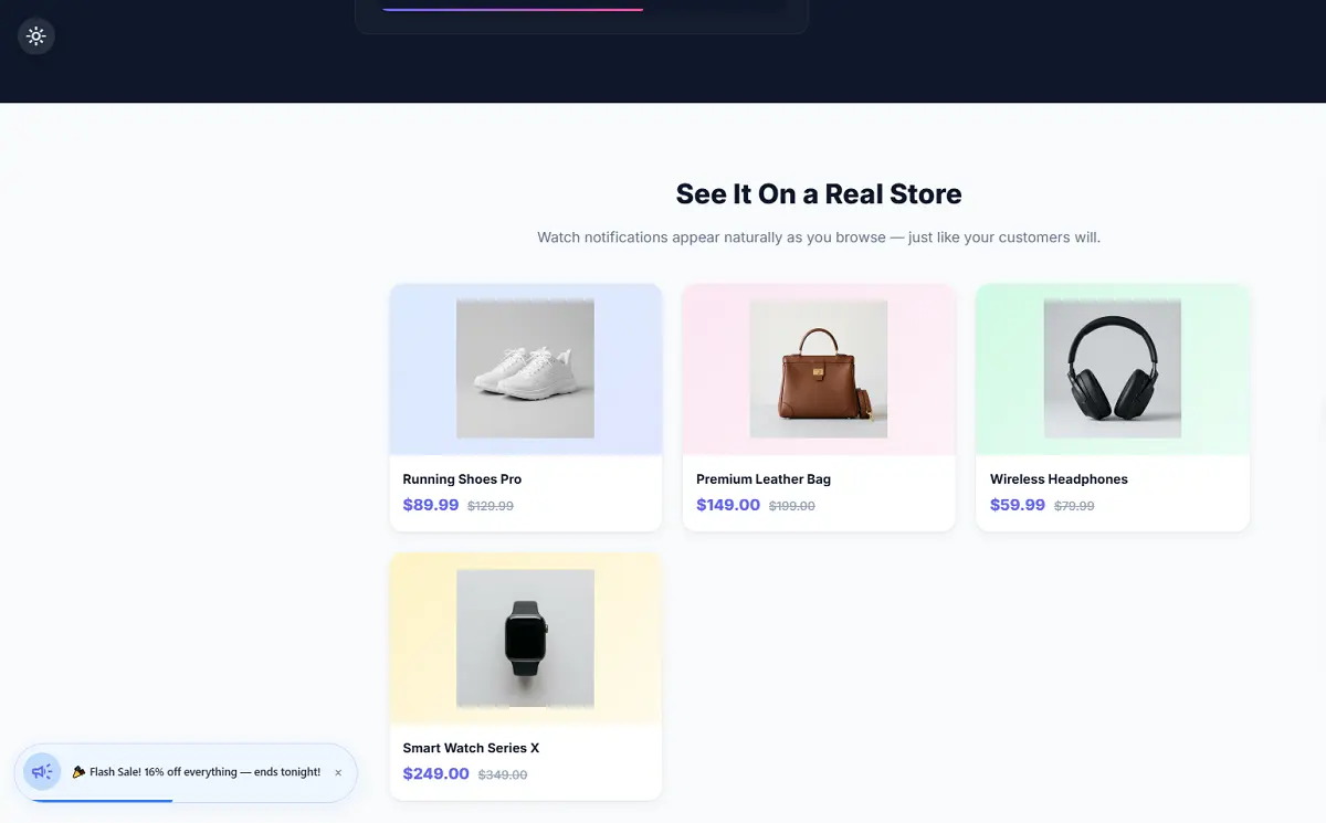 Live demo showing notification popups on a real store page