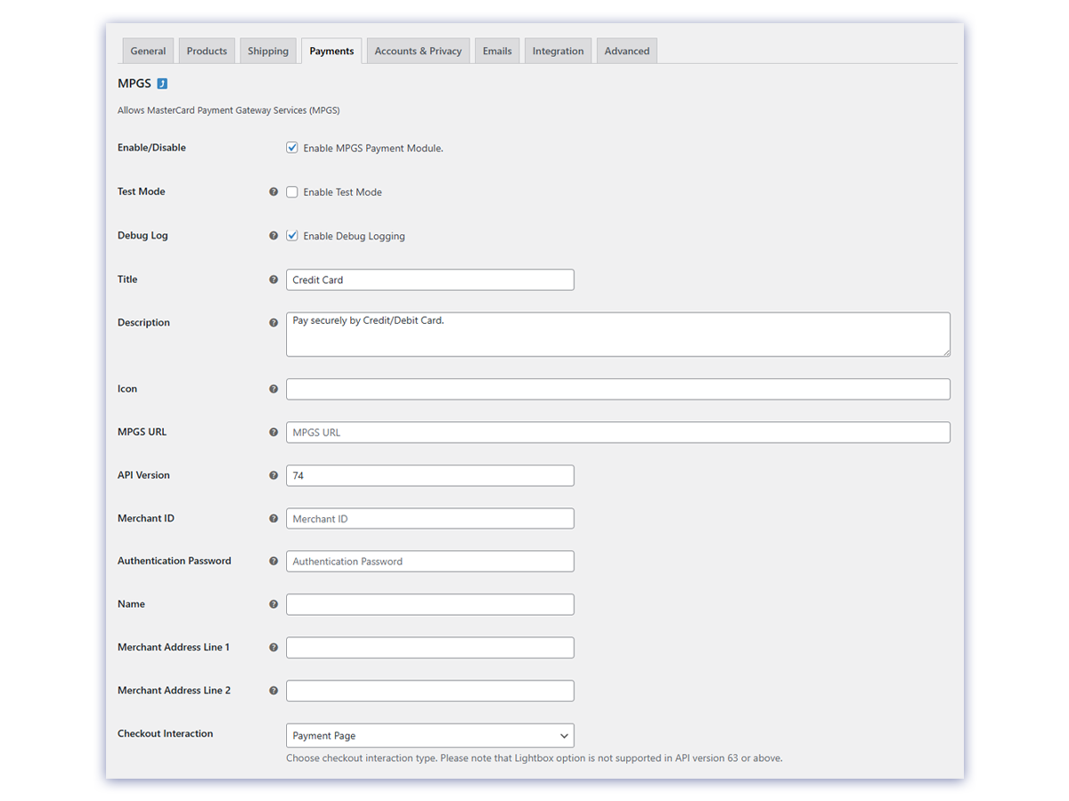 MPGS gateway settings page with all configuration options including test mode, debug logging, API credentials, and checkout interaction type