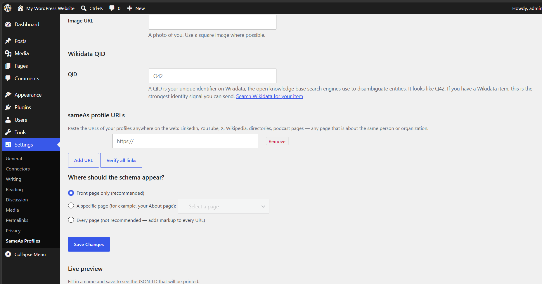 Wikidata QID, the sameAs URL list, and placement controls (front page, a specific page, or sitewide).