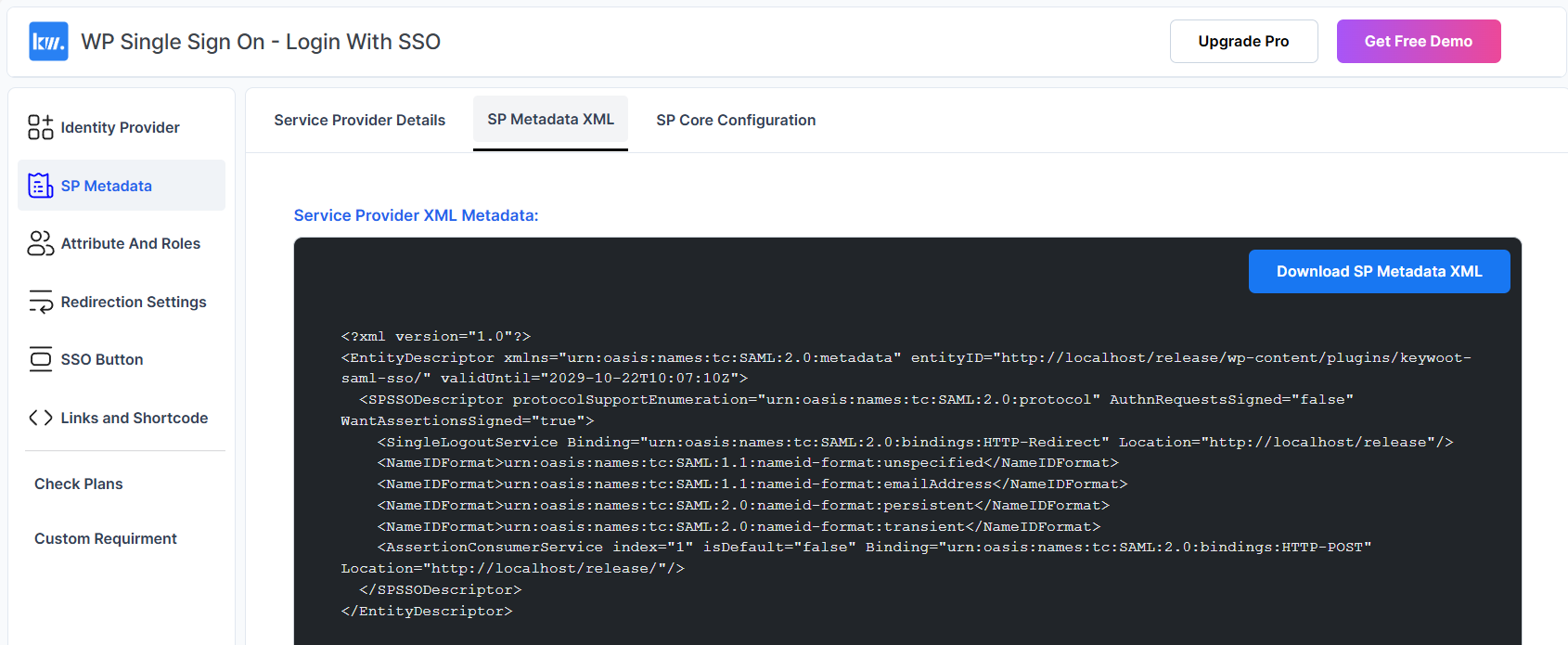 Get the plugin's Service Provider metadata details and provide it to your IdP.