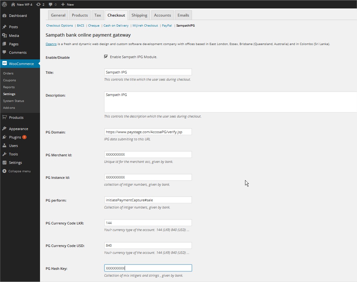 All relevant account information details are set in the above shown panel. Client ID ,Customer ID,Auth token and HMAC Secret are provided by Sampath Bank.