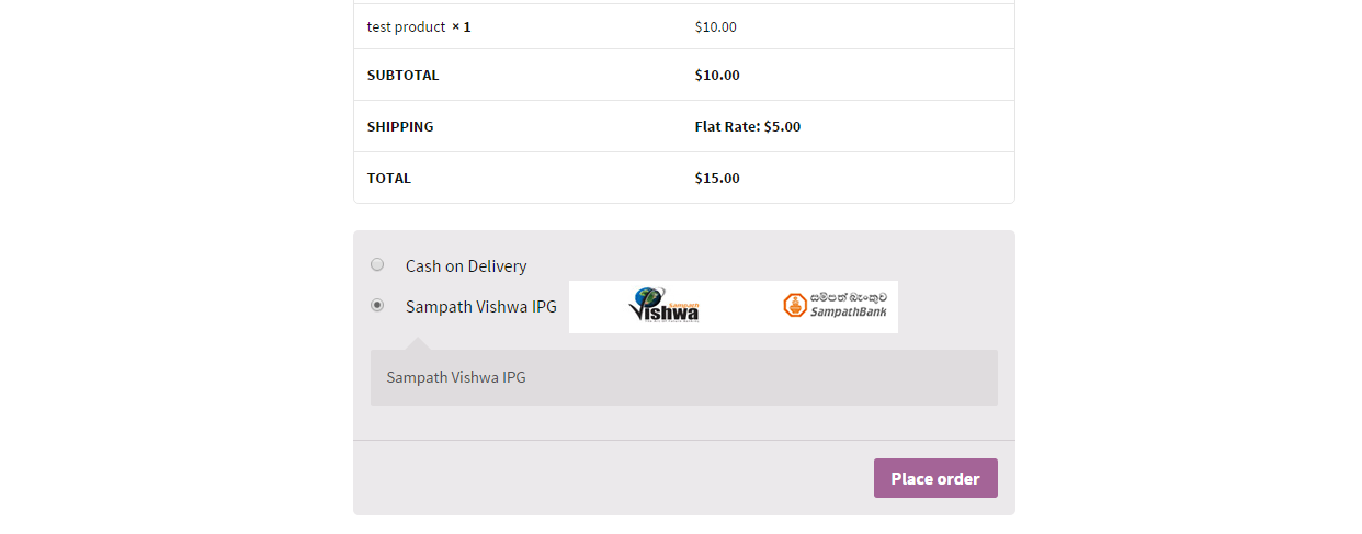 Displayed above are the "Checkout Page" payment options, inclusive of Sampath IPG, offered to users for selection.