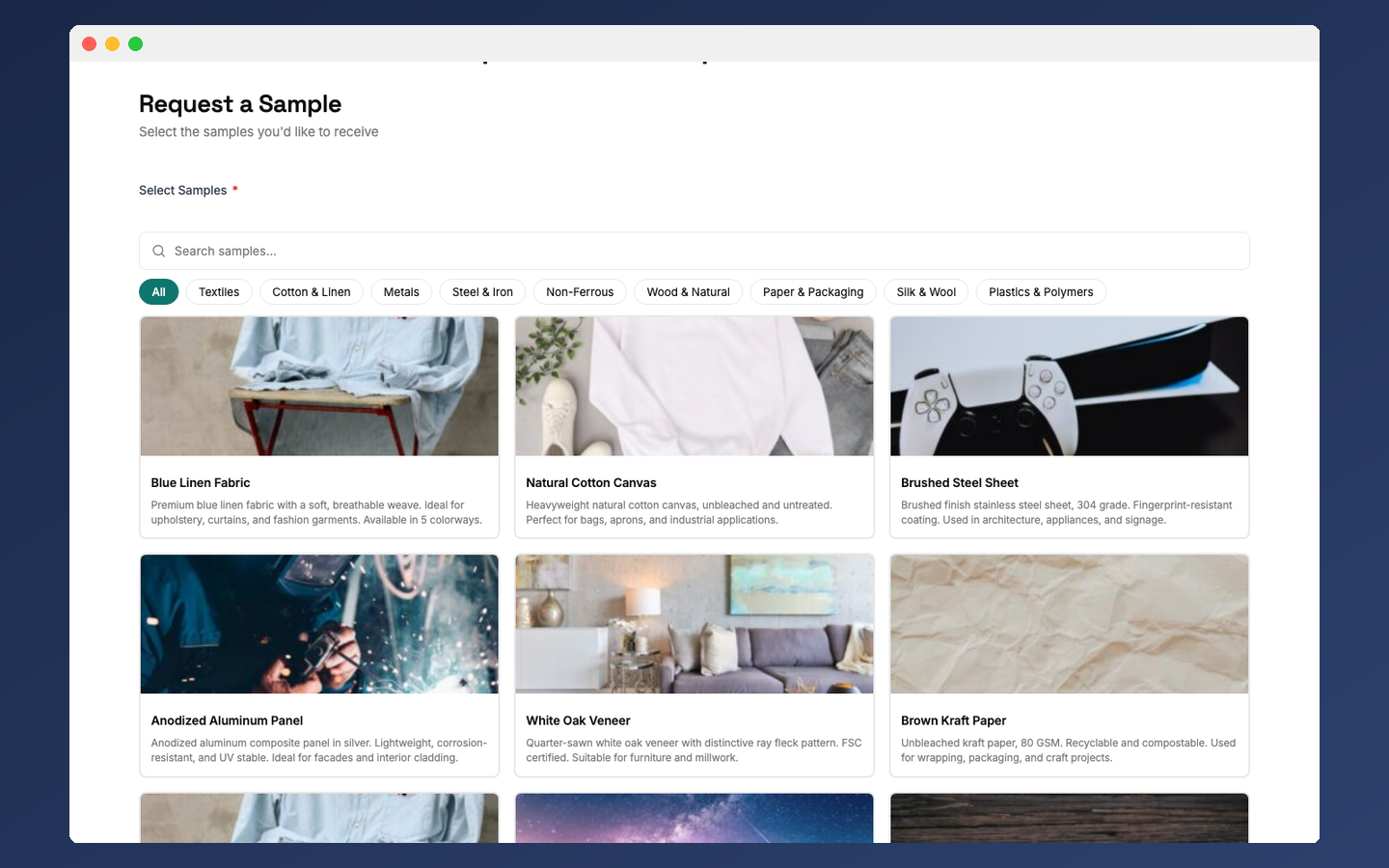 Sample library with categories, images, SKUs, and descriptions.